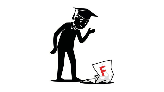 A sad student looking at a failing F grade on a test paper. Minimalist vector illustration of academic failure and disappointment.