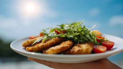 Crispy breaded chicken with fresh salad and tomatoes served outdoors under a bright sky