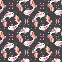 Seamless star pattern with Pisces zodiac sign. Symbol, fishes and stars on black background. Repeat printable tile