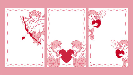 Angels Postcards Set. Rectangular templates for holiday cards, Valentine's Day invitations, or wedding invitations featuring angels and hearts