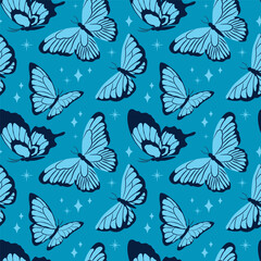 Blue butterflies and stars on teal background. Seamless pattern with celestial accents and dynamic wing shapes. Vector design for textiles, wallpapers, and dreamy decorative projects.