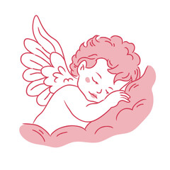 Angel sleeping on clouds, child with wings. Cherub, cupid, vintage vector illustration