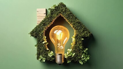 A house shape made of green moss with a glowing light bulb inside. Sustainable home and renewable energy concept. Eco-friendly power and electricity conservation animation - Powered by Adobe