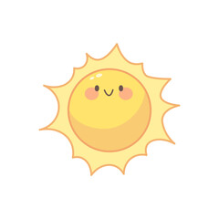 Happy cartoon sun with outline on white. Vector character in kawaii style. Isolated element for kids design, kawaii games