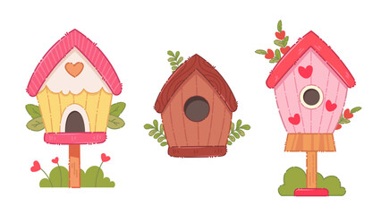 Cute birdhouses with flowers and branches. Spring wooden birdhouses isolated on white, vector illustration