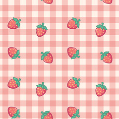 Cartoon plaid seamless pattern with falling strawberries. Vector isolated design with outline. Reapeat kawaii tile