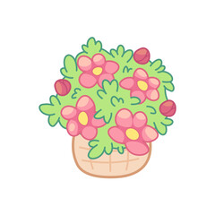 Kawaii flower basket with pink blossoms and green leaves. Cartoon vector illustration with outline, isolated on white background. Spring icon for games, kids design