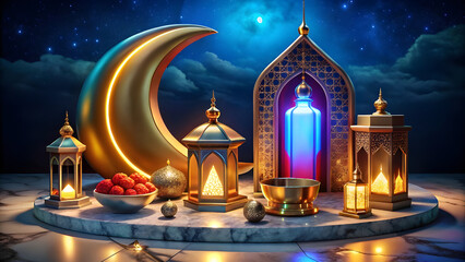 Obraz premium Elegant Ramadan Lanterns with Crescent Moon Under a Starry Night Sky 