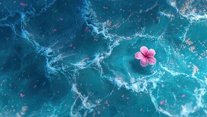 Serene blue water with a single pink flower floating and scattered petals
