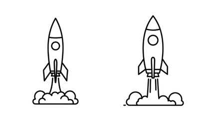 Simple outline illustration of two rockets launching with exhaust flames