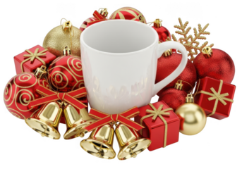 White coffee mug surrounded by festive red and gold christmas ornaments, baubles, gift box, and jingle bell decoration isolated on transparent background