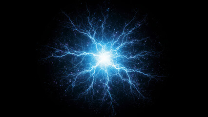 Abstract image of powerful blue electric lightning bolts radiating from a glowing central core
