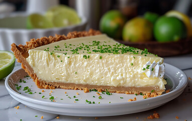 Slice of key lime pie on a white plate close up view