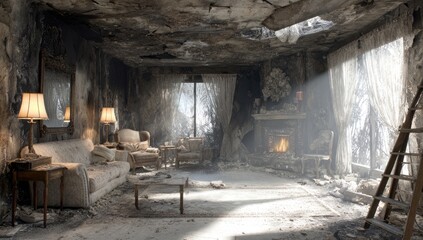 A sunlit, derelict living room with a lit fireplace and scattered debris