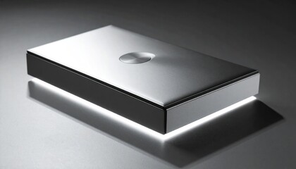 Sleek Silver Box with Illuminated Base on Reflective Surface.