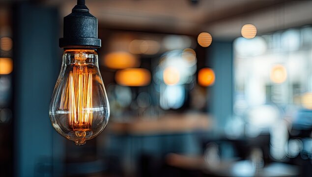 Close up of an illuminated vintage Edison bulb in a dimly lit, out-of-focus restaurant - Powered by Adobe