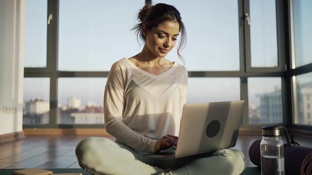 Woman sits on floor of modern apartment typing on laptop with gentle curiosity yoga props blocks strap rolled-up mat scattered nearby water bottle.

