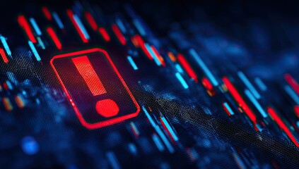 Red exclamation mark on glowing digital graph with blue and red lines