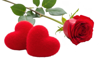 Two small red fuzzy heart shape gift boxes lying next to a single red rose with green stem and leaf isolated on transparent background