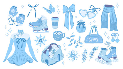 Figure skating set. Blue elements for winter sports, active leisure and professional figure skating designs.
