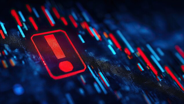 Red exclamation mark on glowing digital graph with blue and red lines - Powered by Adobe