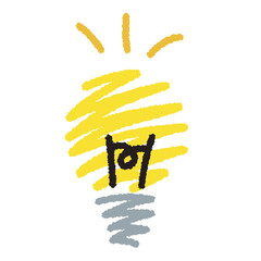 光っているランプ。ヒント、発見、アイディア。手描きの電球のイラスト。Glowing lamp icon.