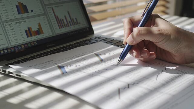 Hand signing financial statement with blue pen next to laptop displaying budget graphs company expense reports sunlight through blinds creates patterns on paperwork.