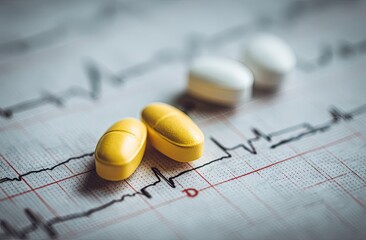 Yellow and white pills rest on a medical chart with a heart rhythm