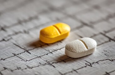Two medicine pills, yellow and white, rest on a medical graph