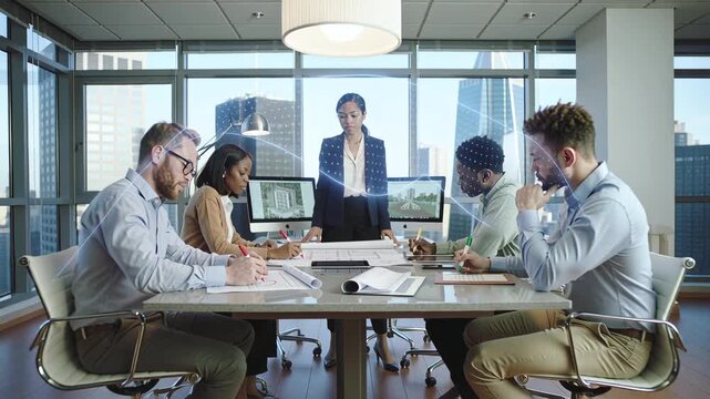 Woman stands at head of large table confidently pointing at architectural plans before team of colleagues marking adjustments with colorful pens transparent dotted wave graphic overlays table symboliz