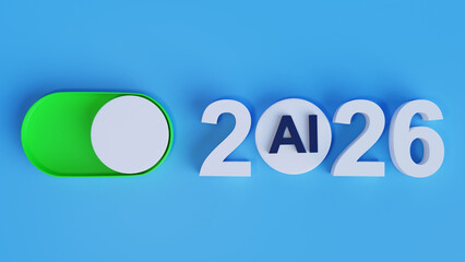 AI 2026 On Toggle Switch Concept, 3D Illustration of Artificial Intelligence Activation on Blue Background