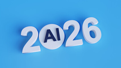 AI 2026 Concept with 3D Typography on Blue Background, Future Artificial Intelligence Technology