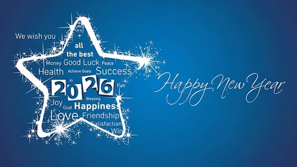 A sparkling star filled with new year wishes and celebratory words