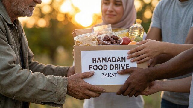 Muslim community volunteers providing essential food supplies as part of a Ramadan food drive, demonstrating compassion and charitable giving to those in need