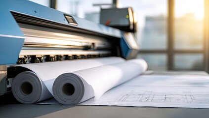 Large format plotter producing architectural blueprints for a project
