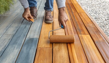 Person applying stain to wooden deck with brush and roller
