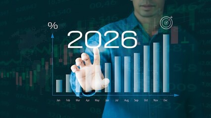 Future growth and financial projections visualized with a man interacting with data