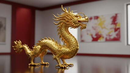 Fototapeta premium Golden Chinese Dragon Statue in Elegant Gallery Interior