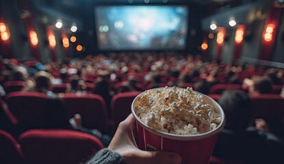 A hand holding a bucket of popcorn in a dimly lit movie theater auditorium