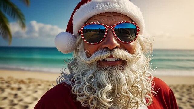 A smiling Santa Claus wearing sunglasses on a tropical beach. Close-up portrait of Father Christmas enjoying a summer vacation. Funny Christmas holiday concept
