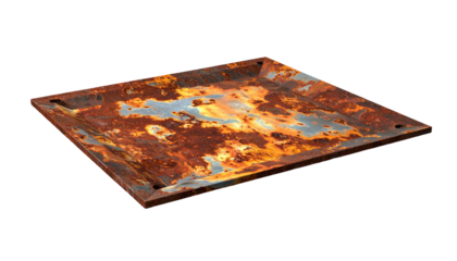 Aged, rusty square metal plate with visible corrosion on a black background