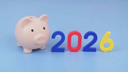 A pink piggy bank positioned next to the year 2026 in colorful block letters