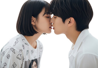 Naklejka premium Young couple about to kiss with eyes closed, romantic moment isolated on transparent background