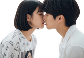 Young couple about to kiss with eyes closed, romantic moment isolated on transparent background