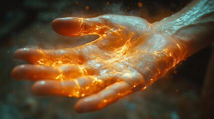 Palms pressed together with visible energy flow tracing down the arms and torso 