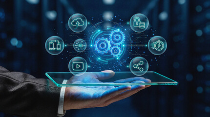 Futuristic digital transformation and interconnected technology solutions for modern business innovation, emphasizing global data management and secure network operations