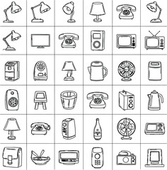 A collection of 32 small black and white icons arranged in a grid
