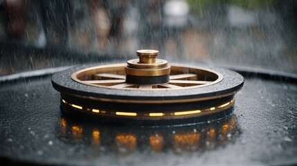Close up of an intricate golden mechanical wheel device illuminated with yellow lights on a wet rainy surface