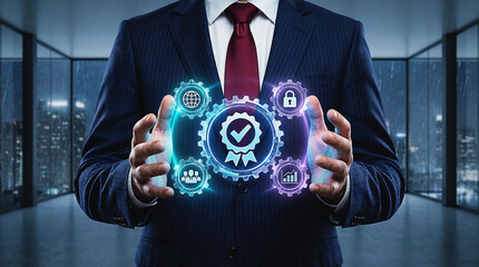 Corporate leader showcasing advanced technology and robust management systems for ensuring superior quality, security, and operational excellence within a modern business framework