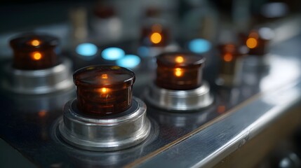 A close up view of a retro control panel with glowing amber indicator lights and blurred blue lights